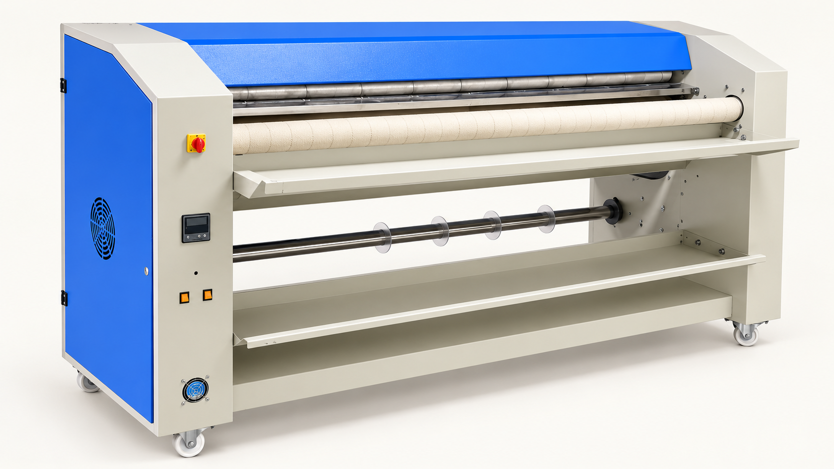 Blue and ivory RONS roller heated flatwork ironer shown in a studio visual